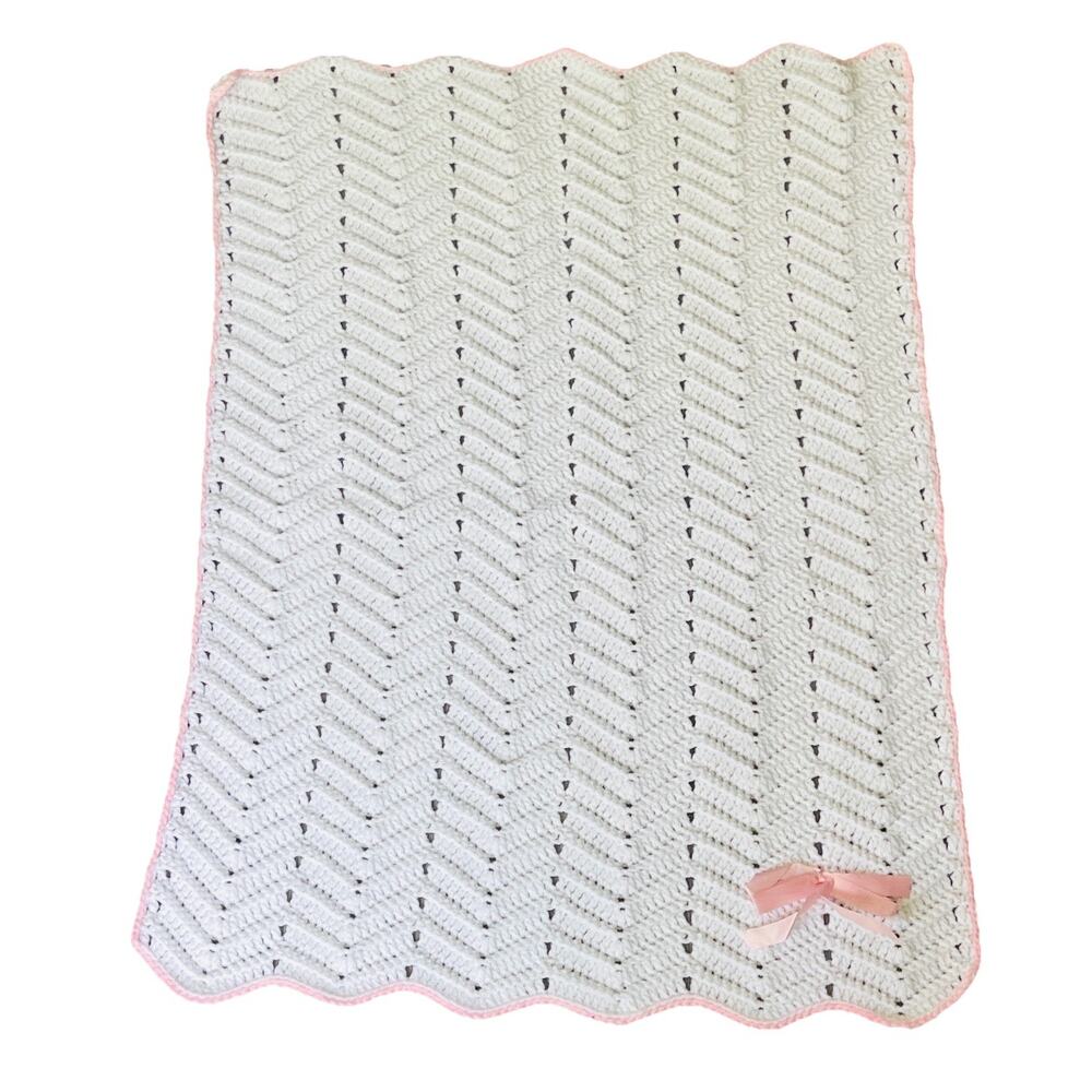 Vintage Crotchet Baby Crib Blanket Handmade White & Pastel Pink Satin Ribbon Bow